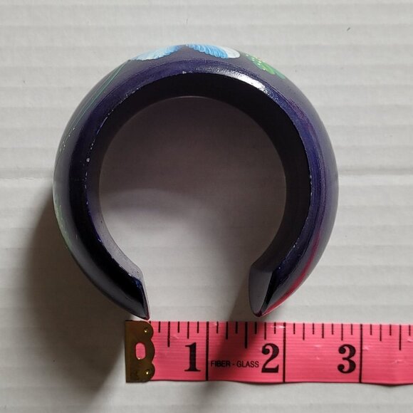 Blue flower bracelet wood cuff Hawaiian hand painted boho floral jewelry beach - Picture 9 of 10